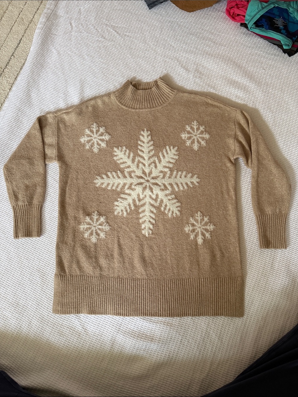 LOFT Camel Sweater with Cream Snowflake Motif